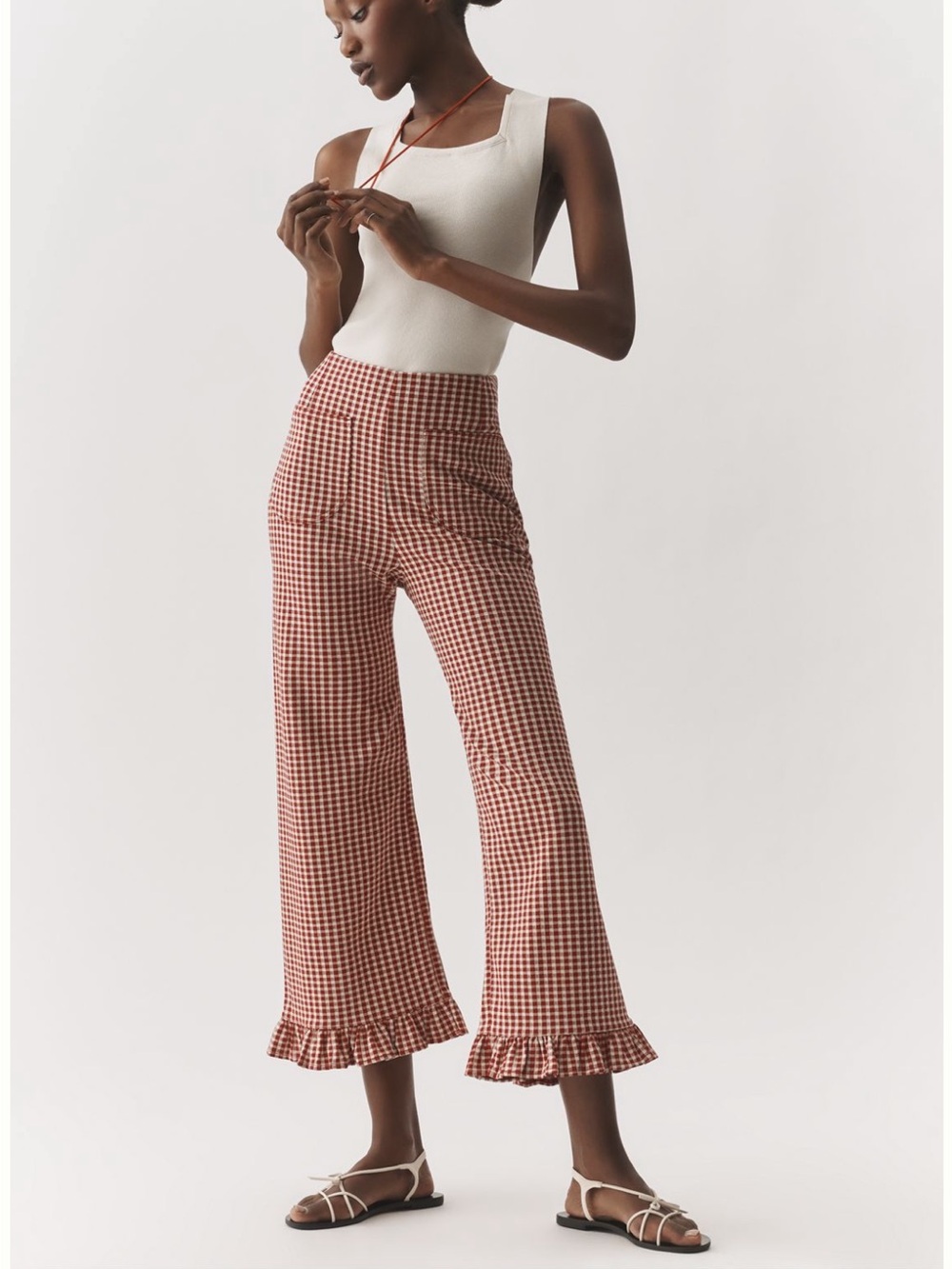 Anthropologie Colette Red and White Gingham Wide-Leg Pants with Ruffle Hem